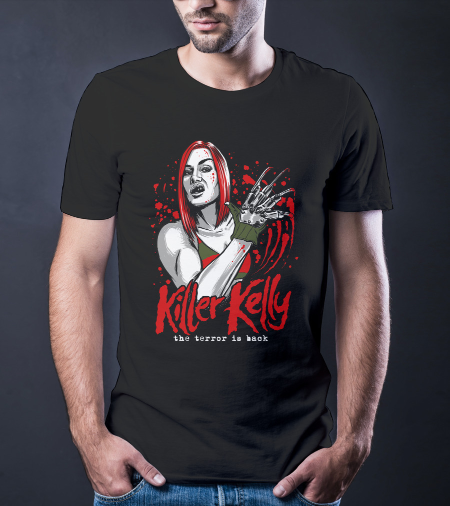Killer Kelly The Terror Is Back Freddy Krueger Inspired Character Blood Splatter T-Shirt