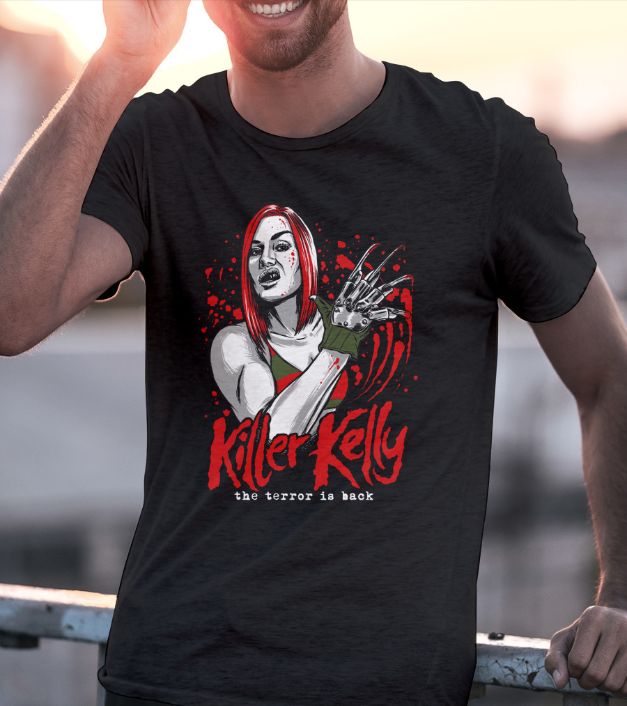 Killer Kelly The Terror Is Back Freddy Krueger Inspired Character Blood Splatter T-Shirt