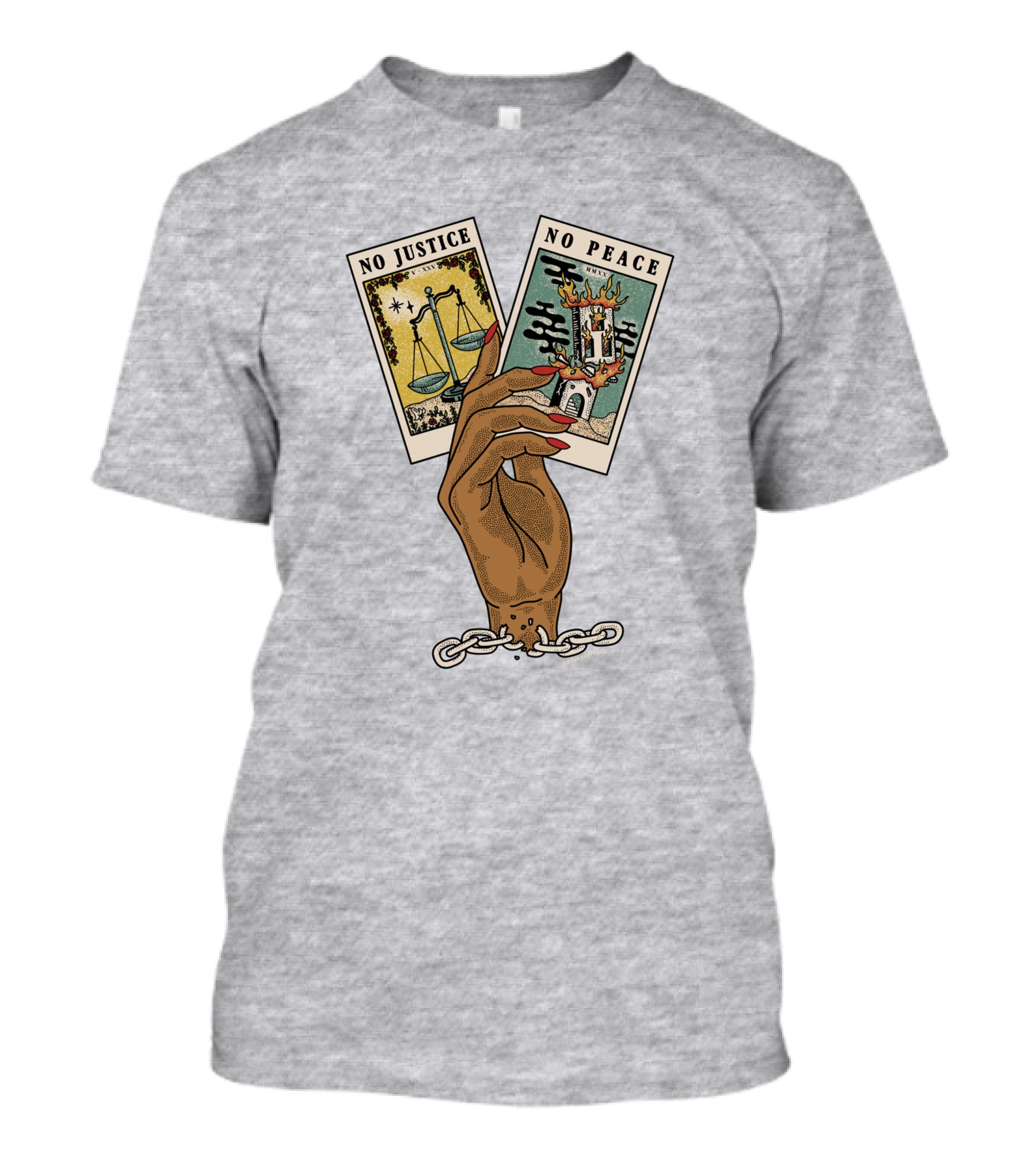 No Justice No Peace BLM Tarot Card With Scales And Tower Imagery In Hand With Broken Chains T-Shirt