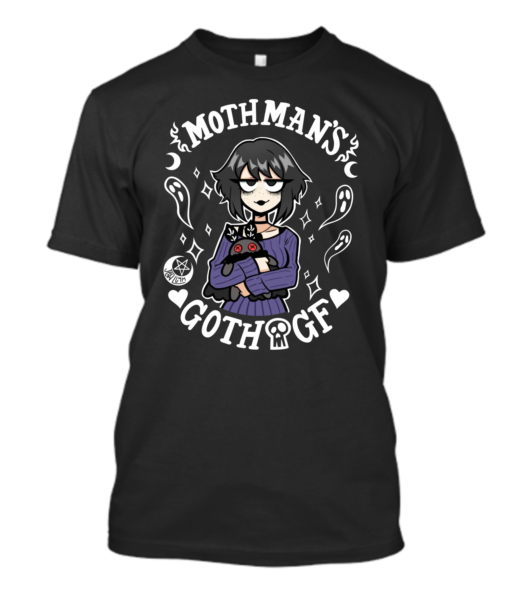 Mothman’s Goth GF Lilith Holding Black Cat Surrounded By Ghosts And Stars T-Shirt