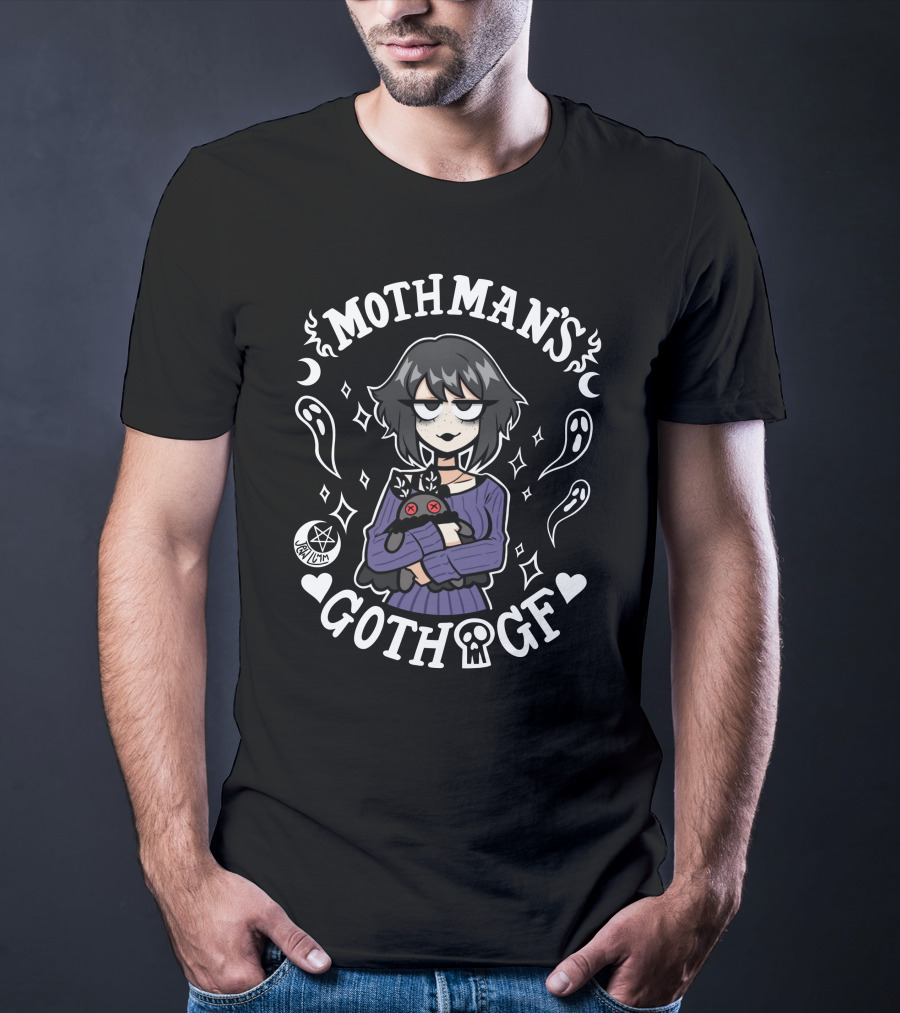 Mothman’s Goth GF Lilith Holding Black Cat Surrounded By Ghosts And Stars T-Shirt