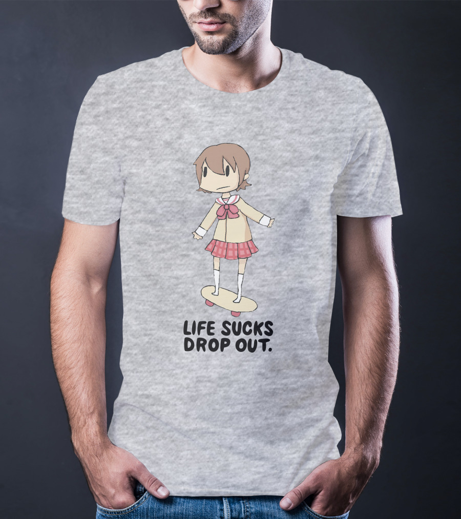 Life Sucks Drop Out Anime Style Character On Skateboard T-Shirt