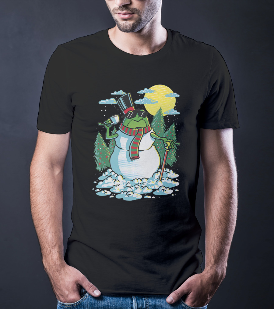 BoomerNA Merch BoomerNA Snowfrog Frog Snowman Christmas Tree Top Hat Cane T-Shirt