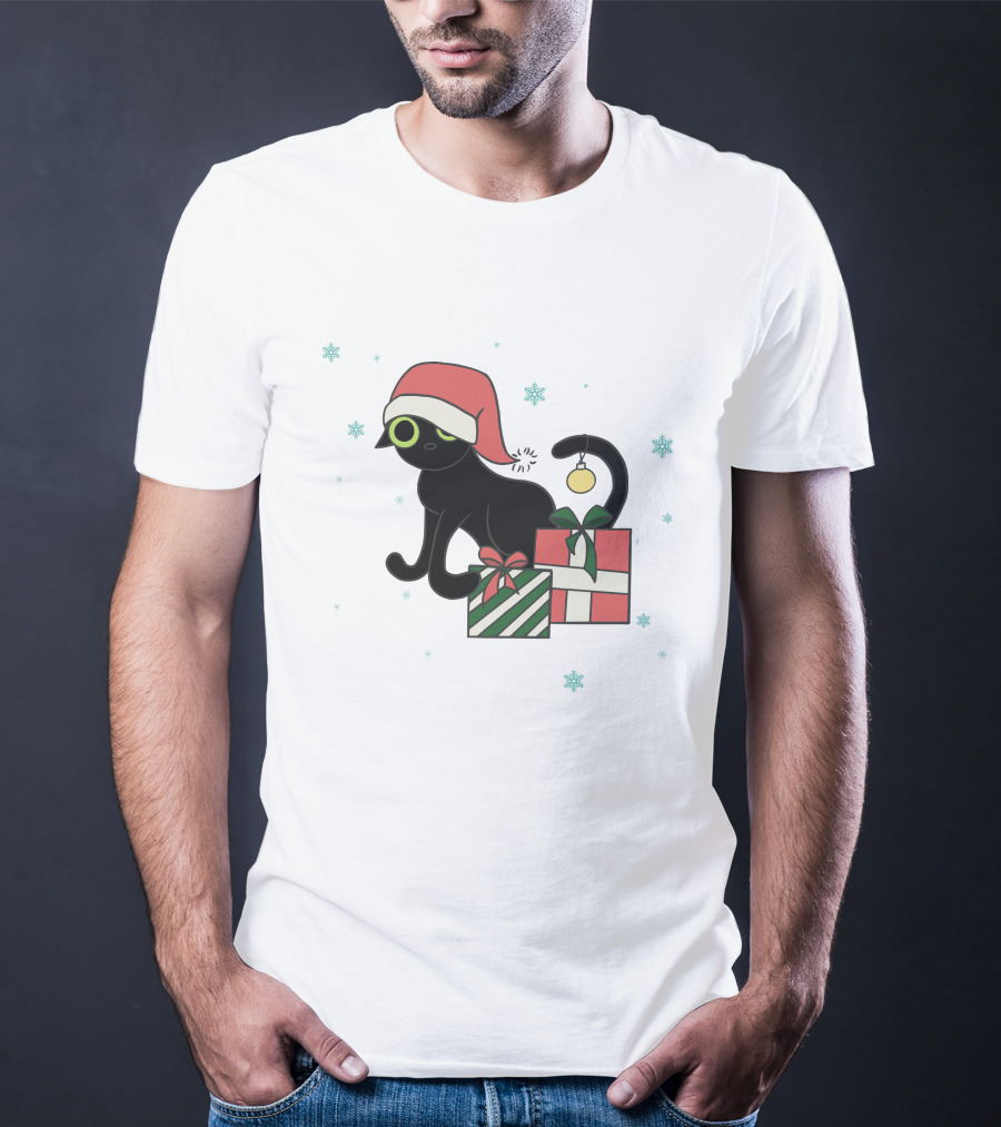Jinx Holiday Merch Bigfootjinx Holiday Black Cat Santa Hat Presents Snowflakes T-Shirt