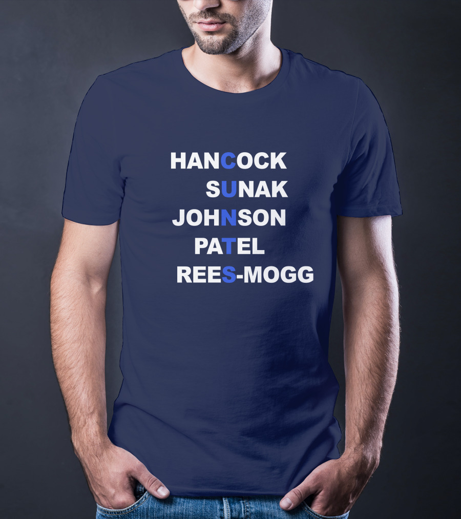 Hancock Sunak Johnson Patel Rees-Mogg Blue Letters Arrangement T-Shirt