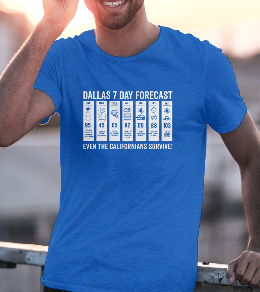 Dallas 7 Day Forecast Weather Parody Even The Californians Survive Bullzerk Merch T-Shirt