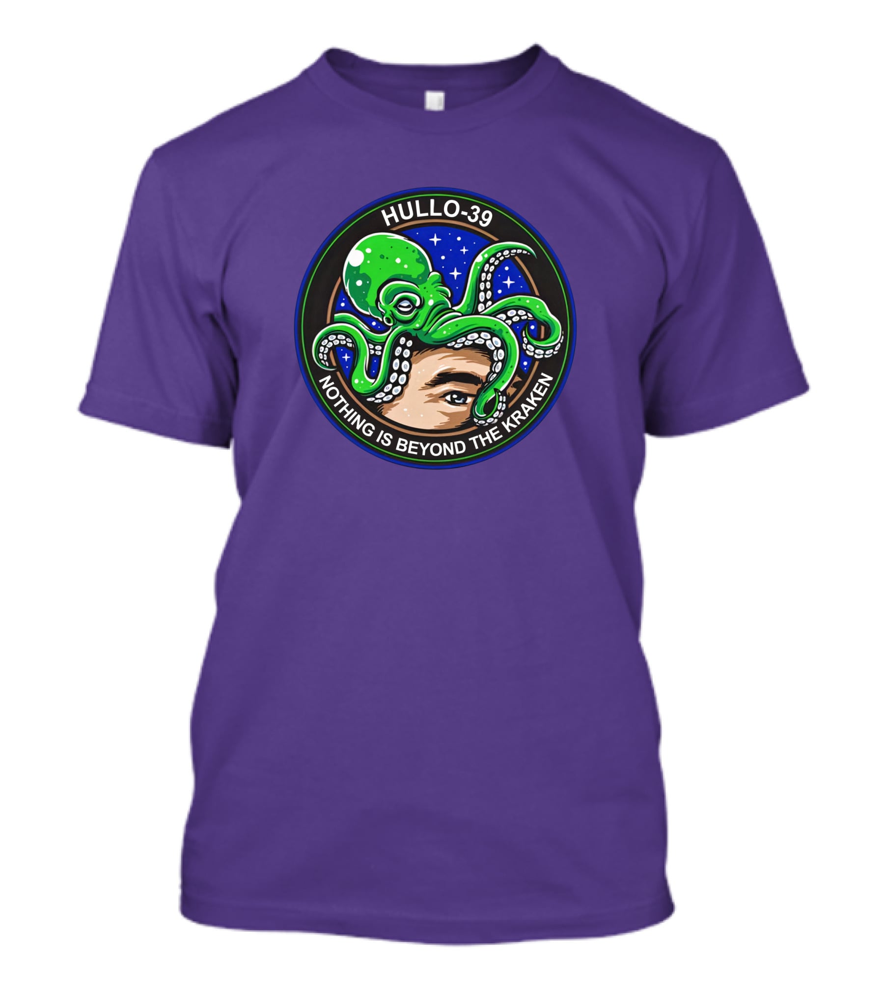 Hullo-39 Nothing Is Beyond The Kraken Green Octopus Starry Sky Badge T-Shirt
