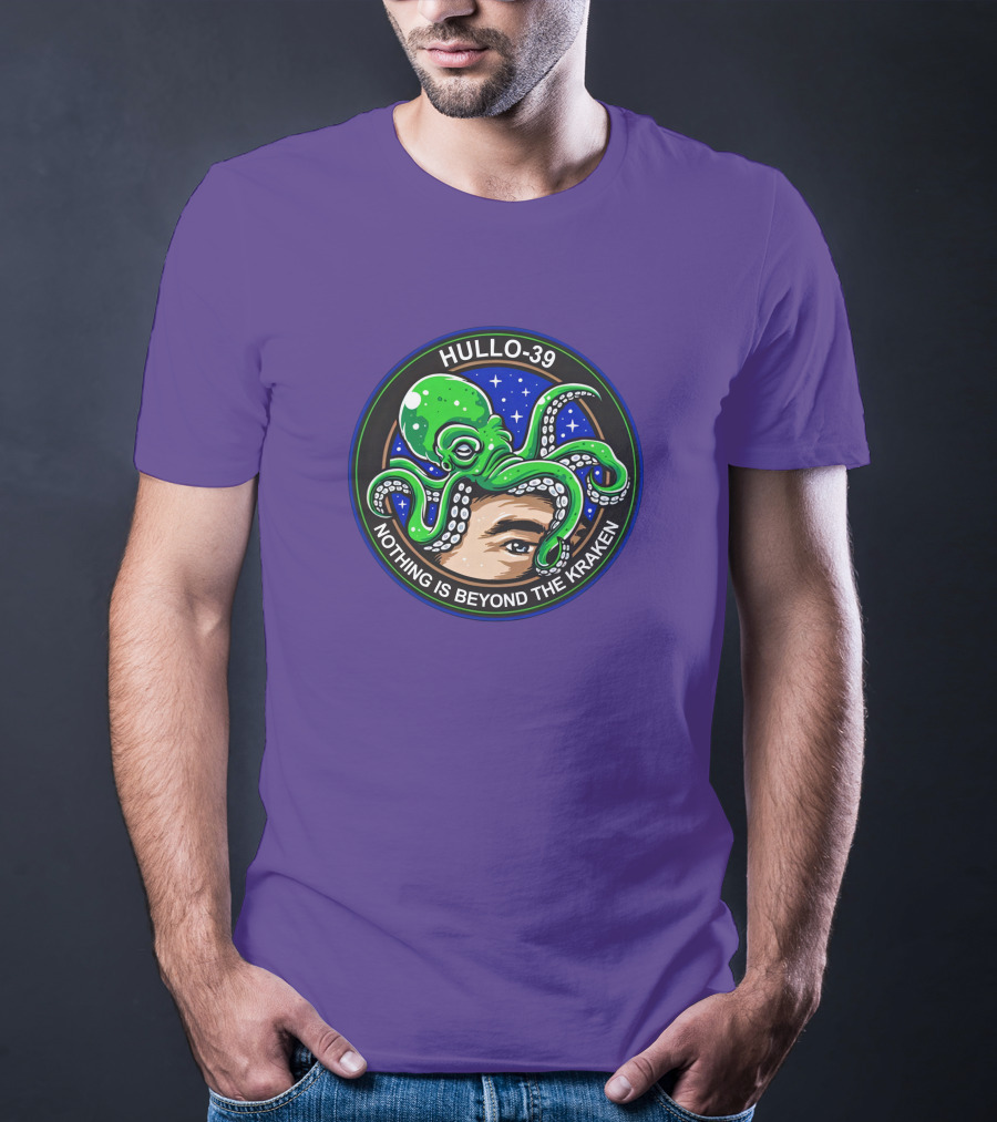 Hullo-39 Nothing Is Beyond The Kraken Green Octopus Starry Sky Badge T-Shirt