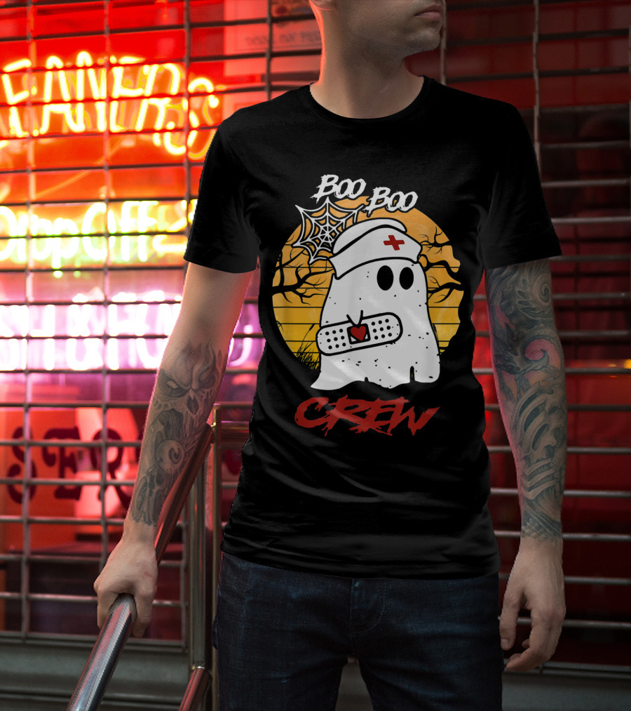 Boo Boo Nurse Ghost With Bandage And Spider Web Halloween Crew T-Shirt