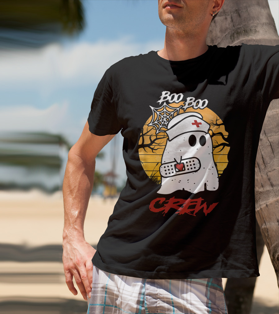 Boo Boo Nurse Ghost With Bandage And Spider Web Halloween Crew T-Shirt