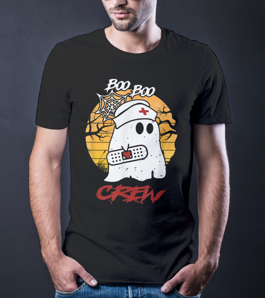 Boo Boo Nurse Ghost With Bandage And Spider Web Halloween Crew T-Shirt