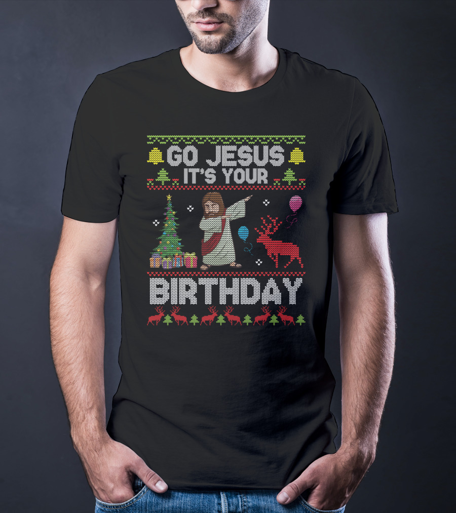 Go Jesus It's Your Birthday Dabbing Christmas Tree Reindeer Decor T-Shirt