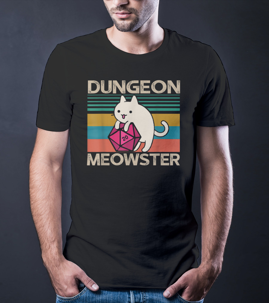 Dungeon Meowster Nerdy Gamer Cat D20 RPG Retro Stripes T-Shirt