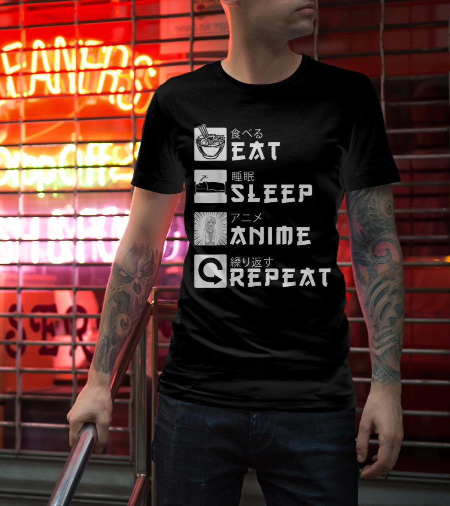 Eat Sleep Anime Repeat Japanese Manga Cosplay Bowl Zzzz Girl Arrows T-Shirt