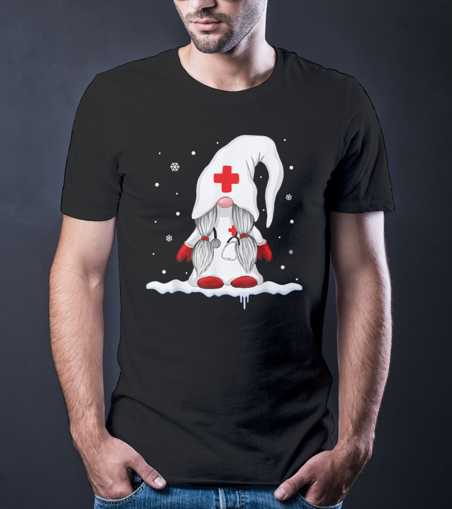 Gnome Nurse With Stethoscope And Red Cross Winter Scene T-Shirt