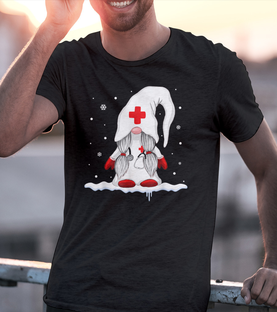 Gnome Nurse With Stethoscope And Red Cross Winter Scene T-Shirt