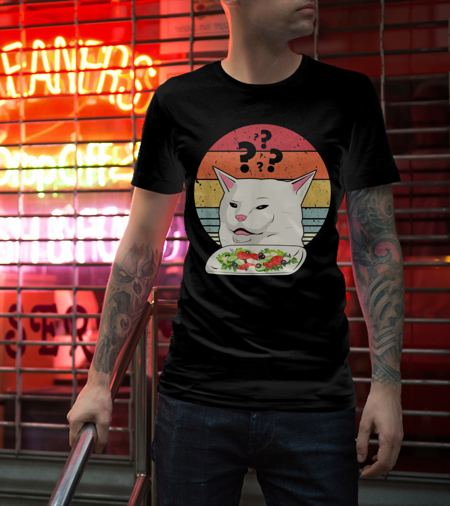 Cat Meme Confused Expression With Salad And Retro Color Stripes T-Shirt