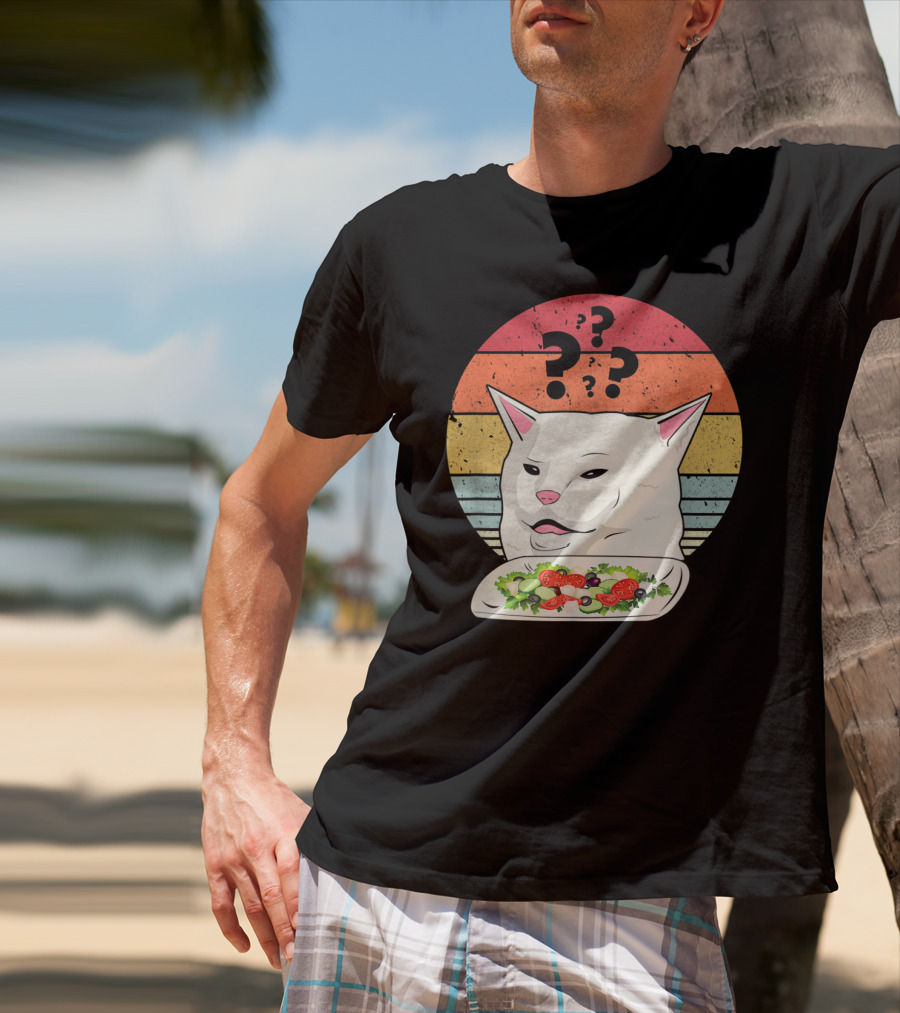 Cat Meme Confused Expression With Salad And Retro Color Stripes T-Shirt