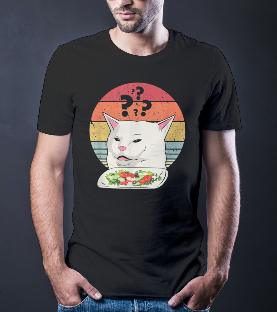 Cat Meme Confused Expression With Salad And Retro Color Stripes T-Shirt