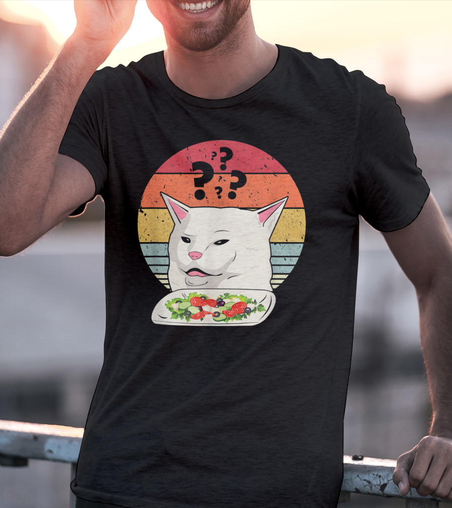 Cat Meme Confused Expression With Salad And Retro Color Stripes T-Shirt