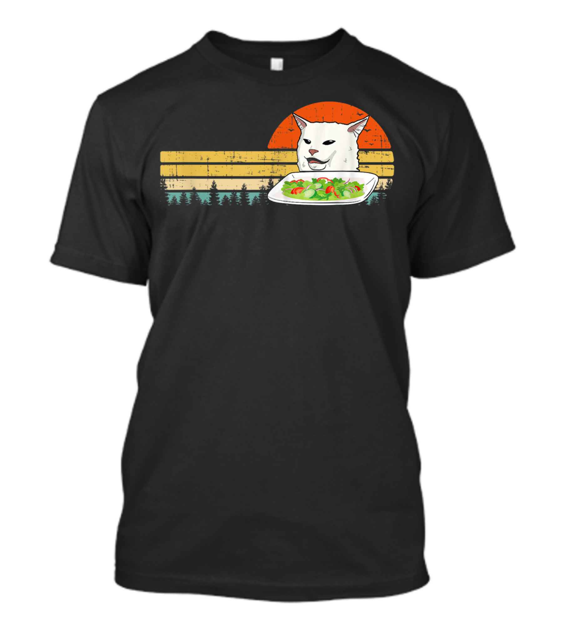 Yelling Cat Meme Retro Sunset Salad Plate Forest Scene T-Shirt