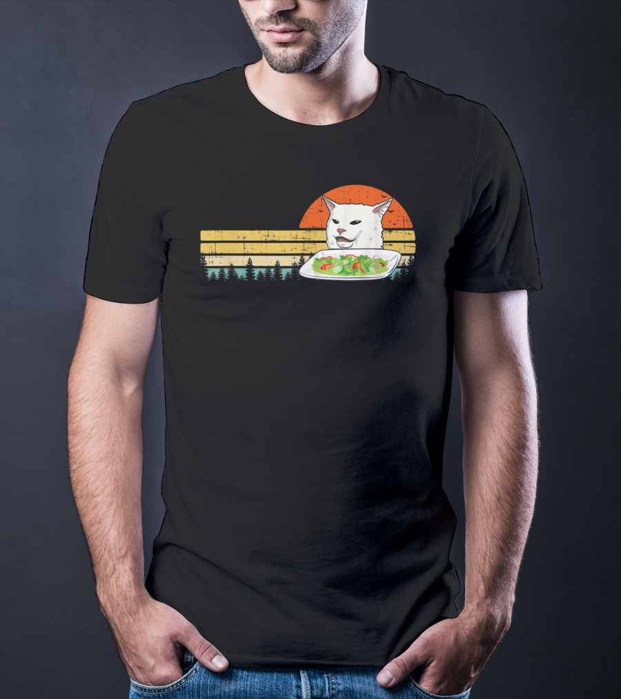 Yelling Cat Meme Retro Sunset Salad Plate Forest Scene T-Shirt