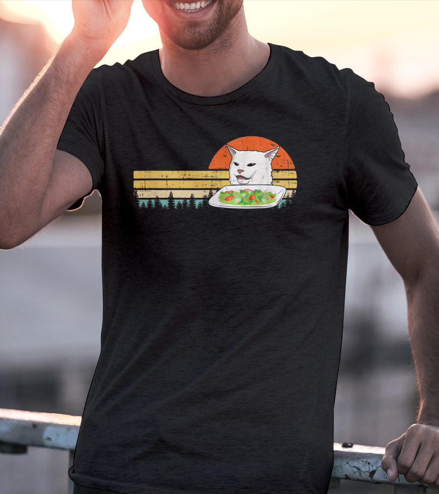 Yelling Cat Meme Retro Sunset Salad Plate Forest Scene T-Shirt