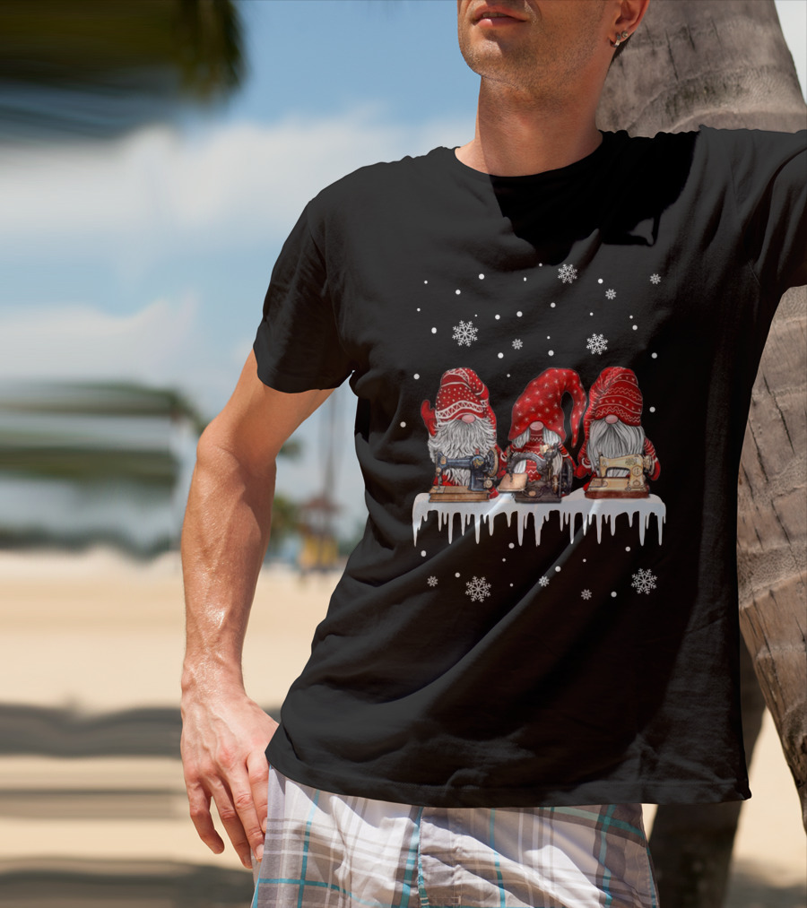Christmas Gnome Red Sewing Machine Snowflakes T-Shirt