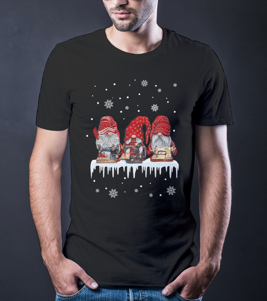 Christmas Gnome Red Sewing Machine Snowflakes T-Shirt