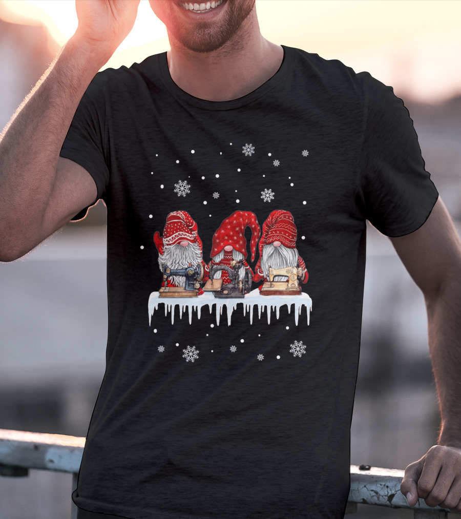 Christmas Gnome Red Sewing Machine Snowflakes T-Shirt