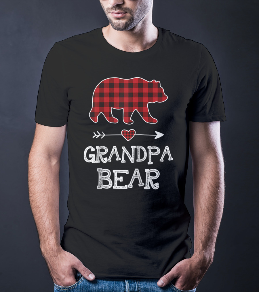 Grandpa Bear Christmas Red Plaid Buffalo Raglan Baseball T-Shirt