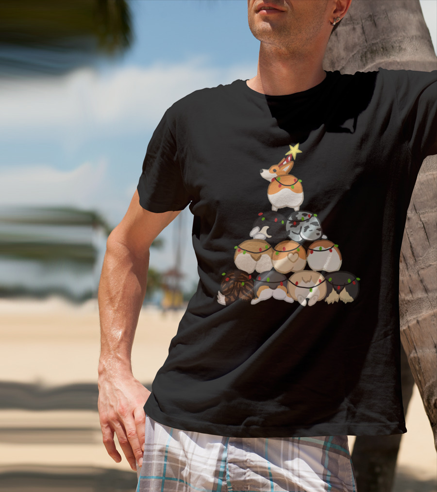 Corgi Butt Christmas Tree With Festive Lights And Star Topper T-Shirt