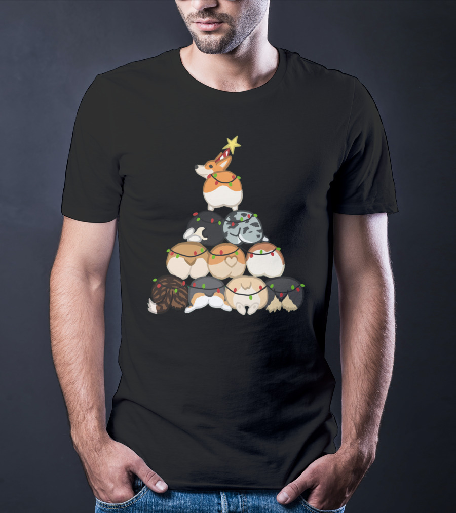 Corgi Butt Christmas Tree With Festive Lights And Star Topper T-Shirt