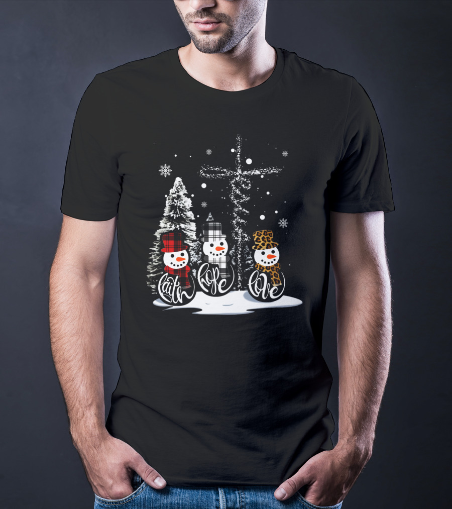 Faith Hope Love Snowmen Jesus Christmas Leopard Plaid T-Shirt