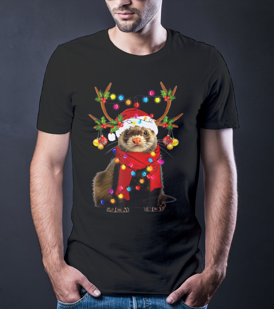 Ferret Santa Reindeer Christmas Lights T-Shirt