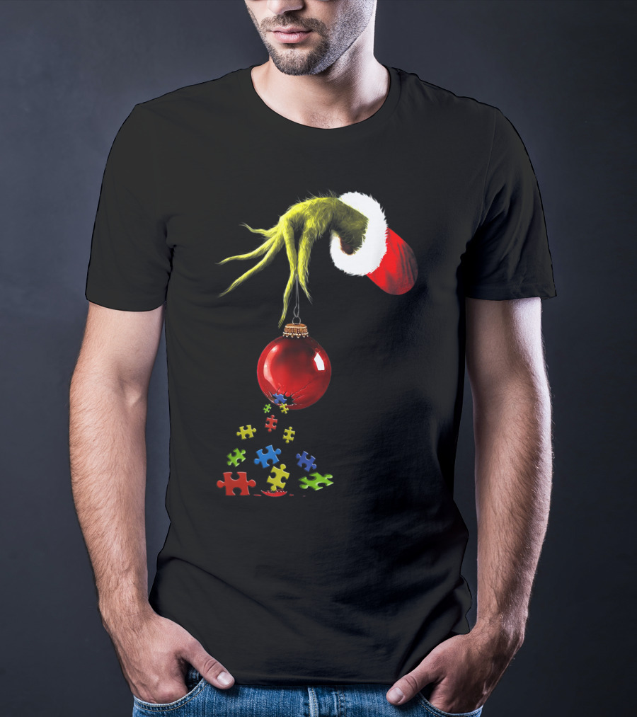 Grinch Hand Holding Red Ornament With Autism Puzzle Pieces T-Shirt