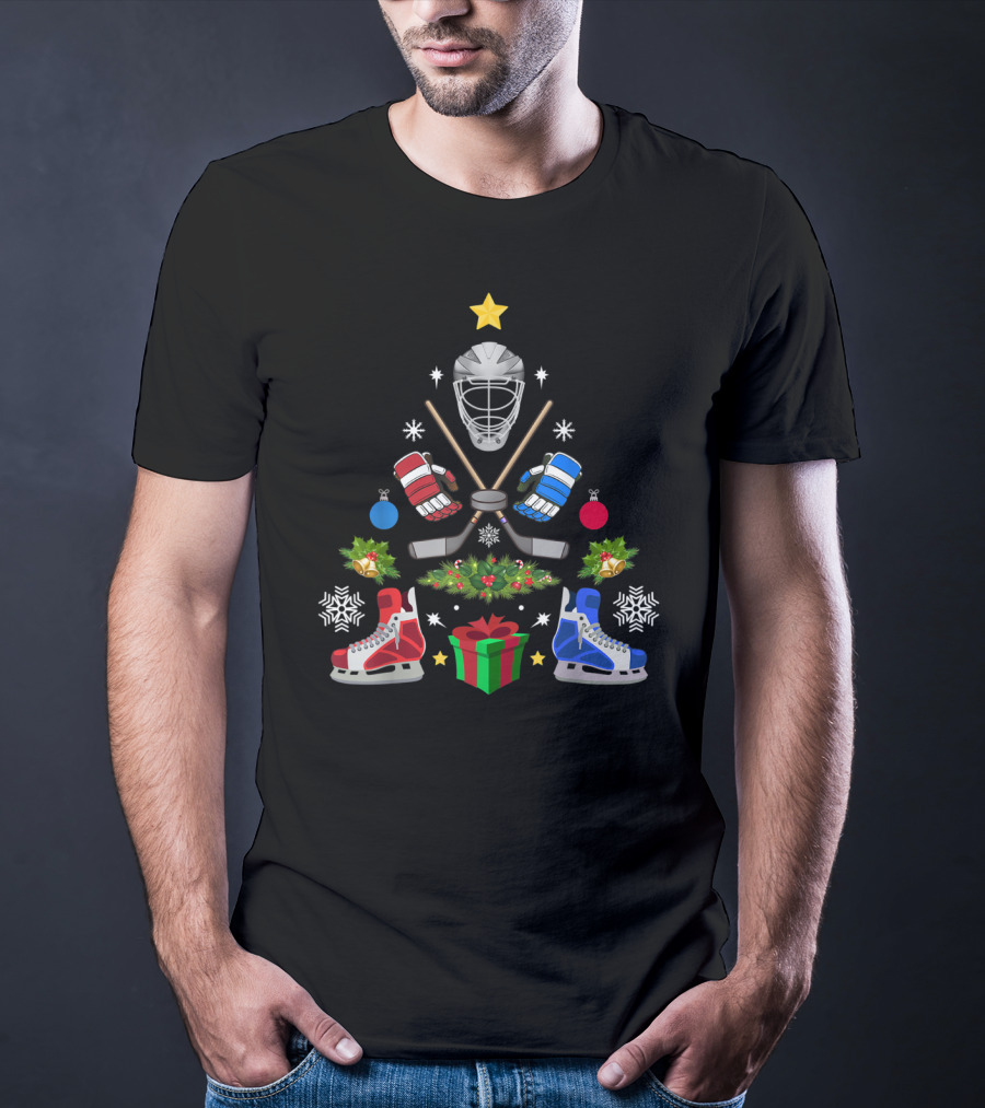 Ice Hockey Christmas Tree Ornaments With Helmets Skates And Sticks T-Shirt
