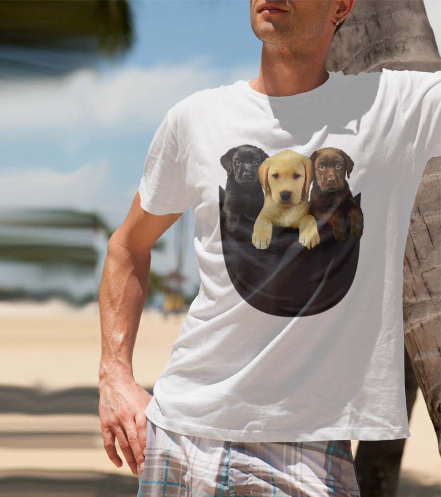 Labrador Retriever Puppy Trio In Big Black Pocket Dog T-Shirt