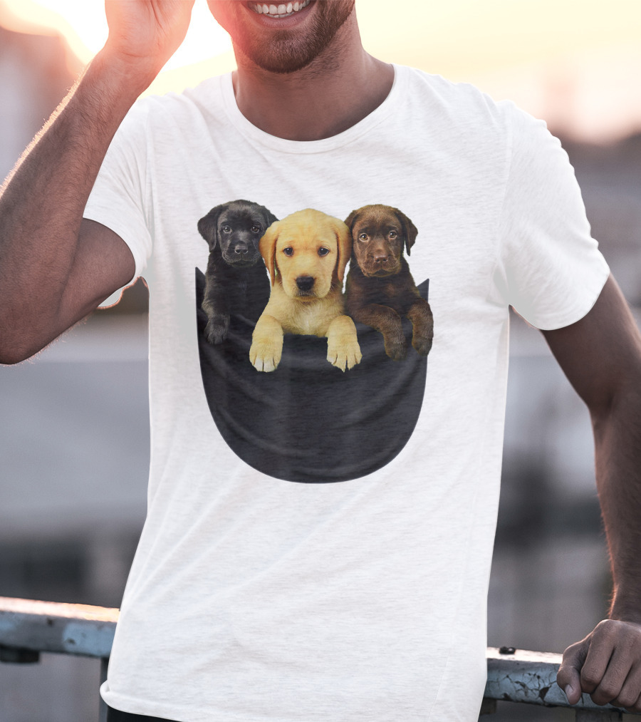 Labrador Retriever Puppy Trio In Big Black Pocket Dog T-Shirt