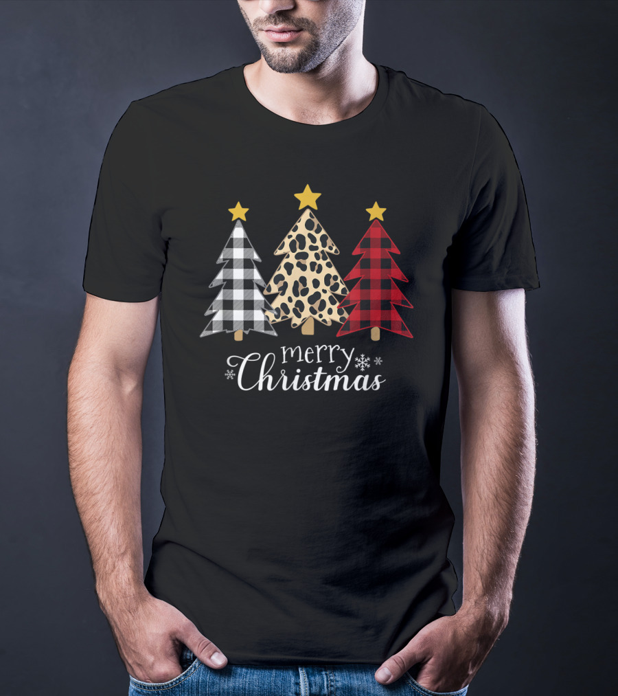 Merry Christmas Buffalo Plaid And Leopard Print Xmas Trees T-Shirt