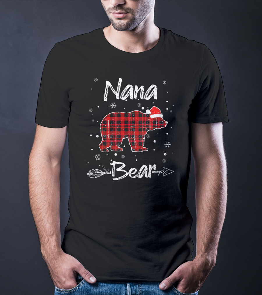 Nana Bear Christmas Red Plaid Santa Hat Snowflakes Arrow T-Shirt