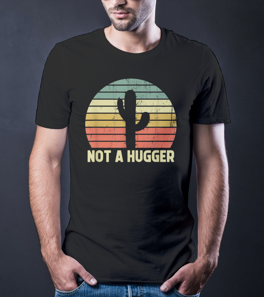 Not A Hugger Cactus Retro Sunset Sarcastic Introvert T-Shirt