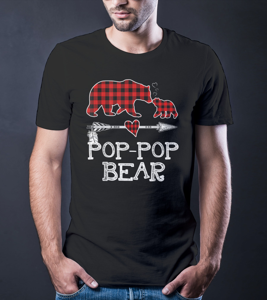 Pop Pop Bear Red Plaid Buffalo Christmas Hearts Arrow T-Shirt