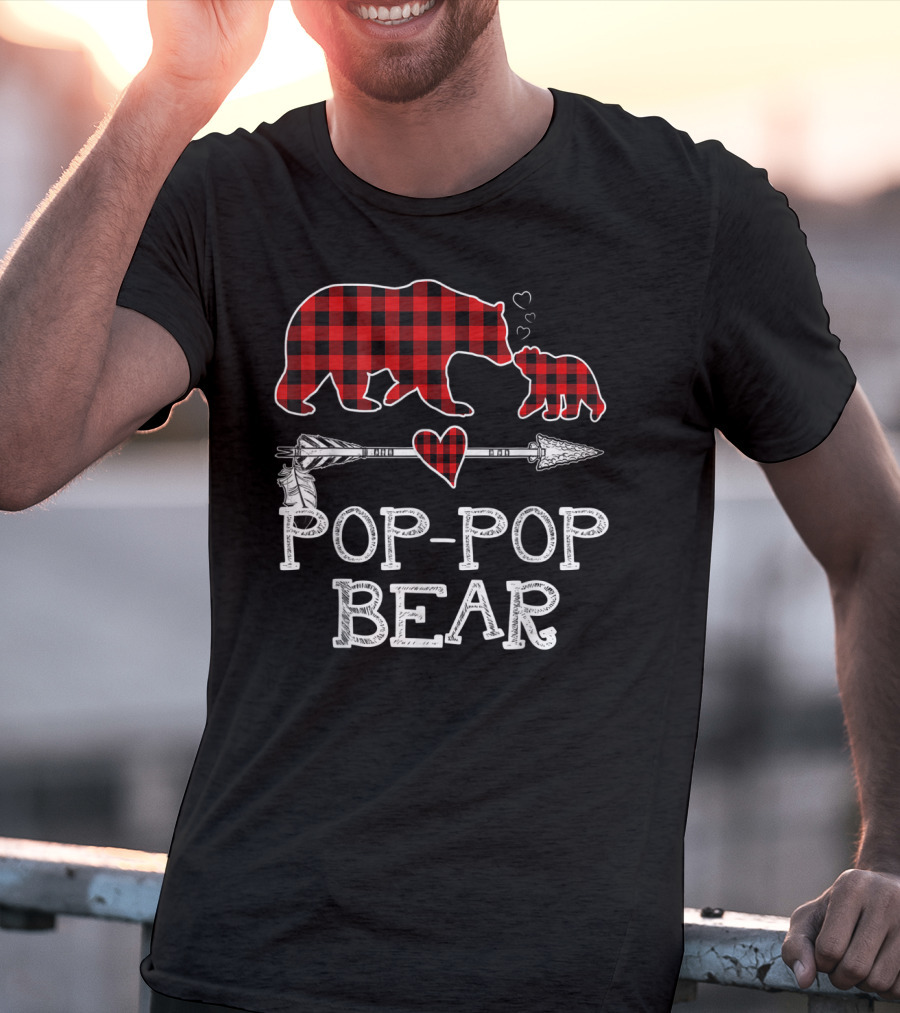 Pop Pop Bear Red Plaid Buffalo Christmas Hearts Arrow T-Shirt