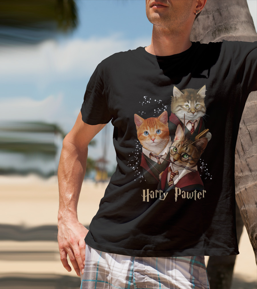 Harry Pawter Cats In Wizard Robes With Wands And Glasses T-Shirt