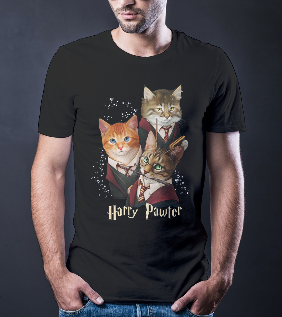 Harry Pawter Cats In Wizard Robes With Wands And Glasses T-Shirt
