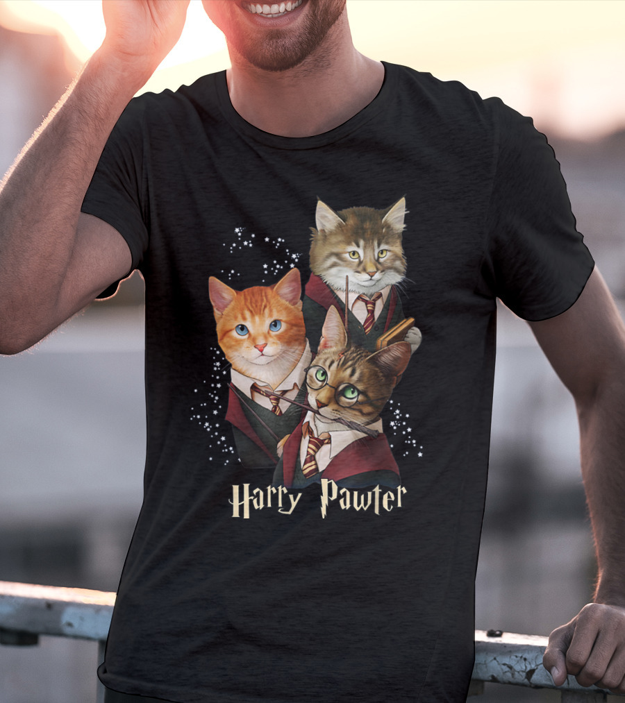Harry Pawter Cats In Wizard Robes With Wands And Glasses T-Shirt