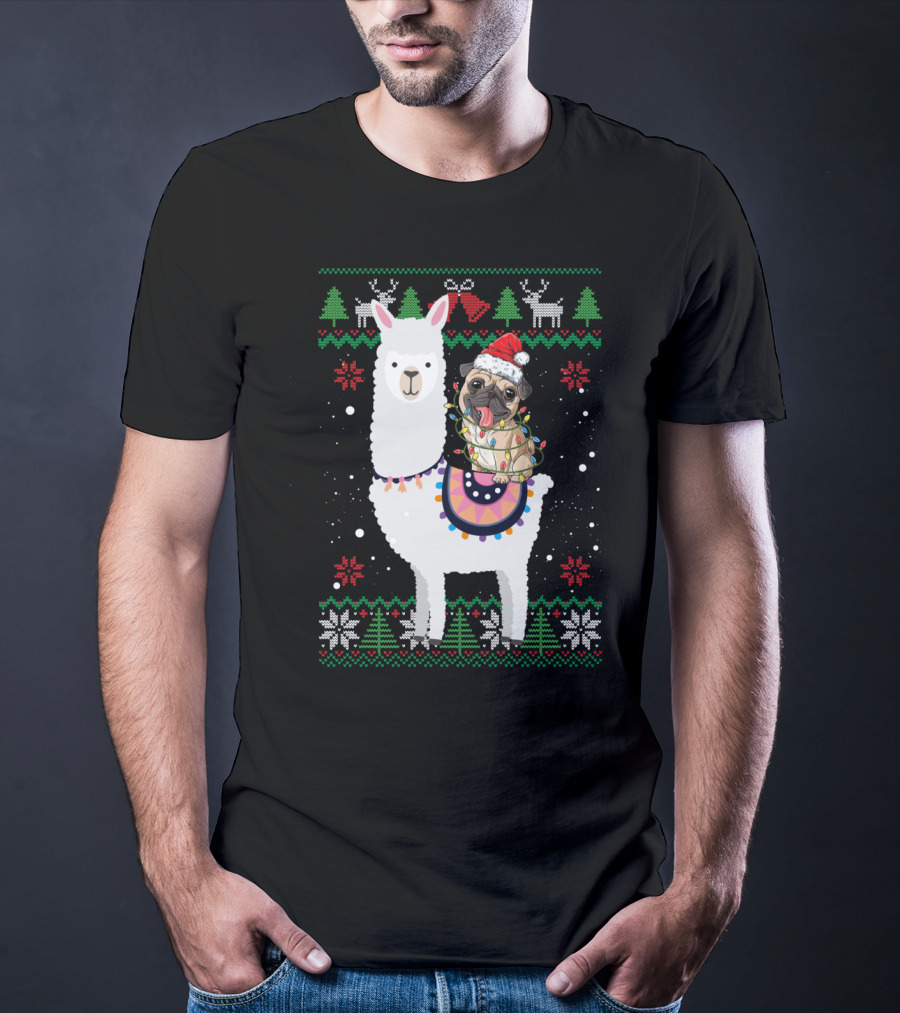Christmas Pug Riding Llama With Santa Hat And Lights T-Shirt
