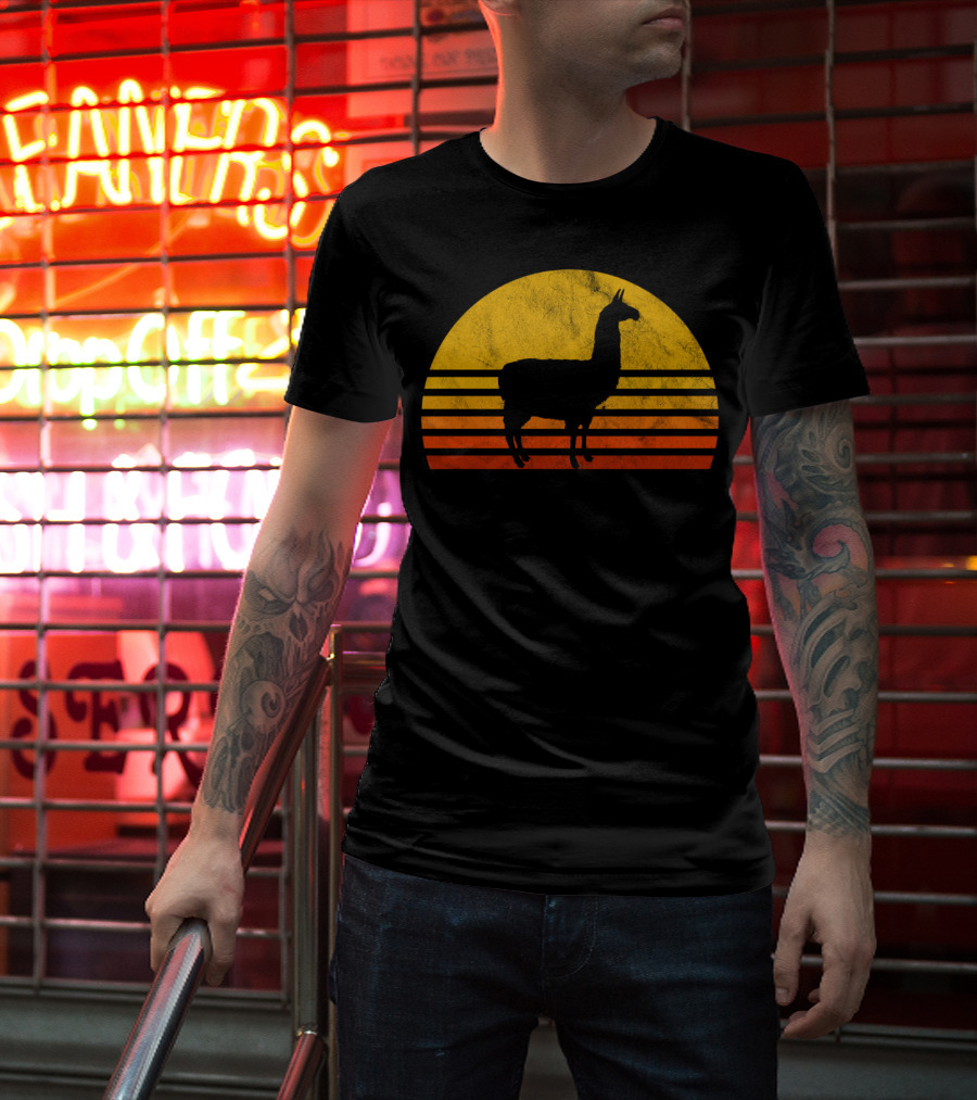 Retro Llama Silhouette Against Sunset Colors T-Shirt