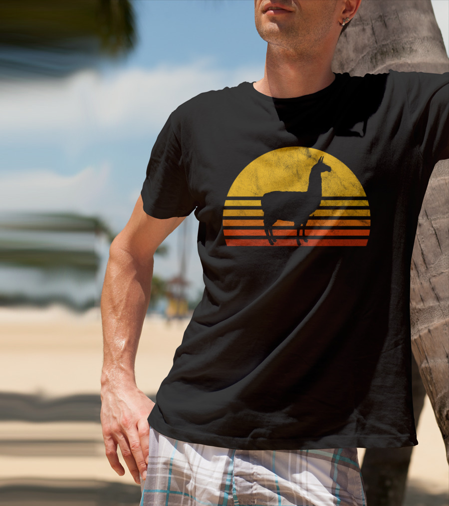 Retro Llama Silhouette Against Sunset Colors T-Shirt